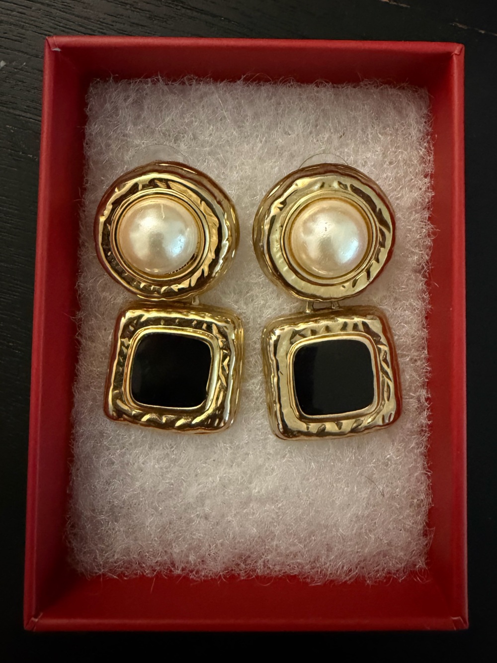 Vintage Statement Earrings - Gold-Tone Pearl and Black Onyx Square Round Earring